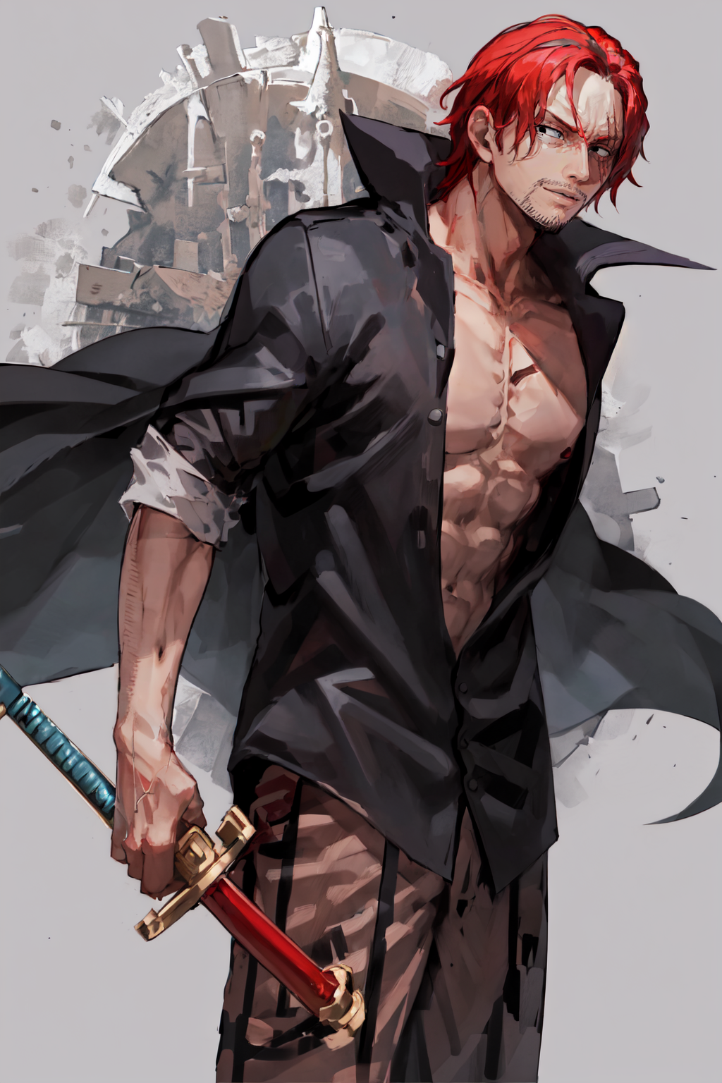 00013-1737100181-, Shnks, solo, shirt, 1boy, black eyes, red hair, open clothes, sword, cape, open shirt, facial hair, scar,  cowboy shot,.png
